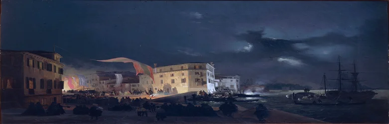 Itália, Festival Noturno em San Pietro di Castello, uma ilha na Lagoa de Veneza por Ippolito Caffi, óleo sobre tela,