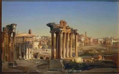 Itália, Roma, Vista do Fórum Romano com Templo de Saturno por Ippolito Caffi