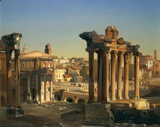 Itália, Roma, Vista dos Fóruns Romanos com Templo das Vespasianas, Arco de Septimius Severus e Templo de Saturno por Ippolito Caffi