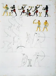 Cenas militares, soldados com arcos e flechas, de túmulos de Beni Hasan, Placa CXVIII, de monumentos do Egipto e Núbia: monumentos civis