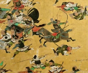 Uma tela antiga de um samurai que representa a queda do castelo de Osaka em 1615 - exposta no..., 2005 (foto)