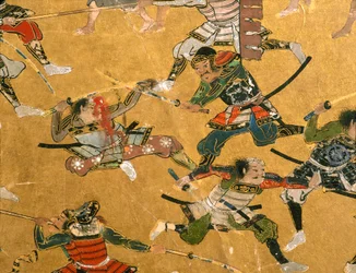 Pormenores de painéis que representam a Batalha de Osaka e outras cenas de batalha, Museu do Castelo de Osaka, 2005 (foto)