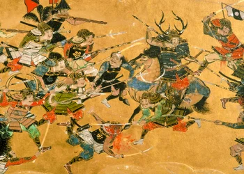 Dois painéis centrais que representam cenas da Batalha de Osaka, Japão, 2005 (foto)