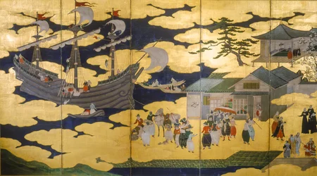 Samurai- Ecrã desdobrável de Namban Byobus- Bárbaros do Sul- Um navio português a entrar num porto japonês..., 2005 (foto)