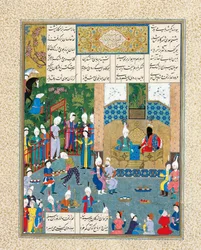 Kay Khusraw Recebido por seu avô, Kay Kaus, rei do Irã Iluminação manuscrita do ep