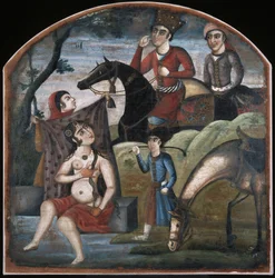 Khusraw descobre o banho de Shirin. Do ciclo pictórico de oito sujeitos poéticos, meados do século XVIII.