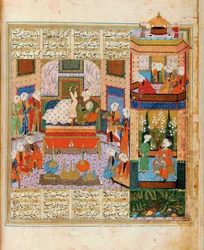 A consumação do casamento entre a miniatura de Khusraw e Shirin do ciclo de oito poetas