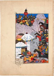 Os iranianos procuram refúgio no Monte Hamavan Iluminação manuscrita do épico Shahname de Ferdows