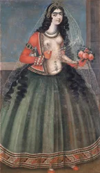 Mulher segurando um buquê de rosas, meados do século XIX.