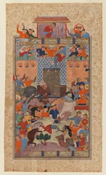 Folio de um Shahnameh: Os iranianos capturam Afrasiyabs Fortress, c.1580-1590 (tinta e papel wc opaco no papel)