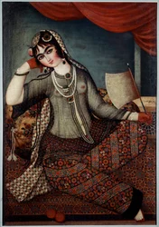 Arte Iraniana: Pintura "Rapariga no Fã" da Escola Shiraz
