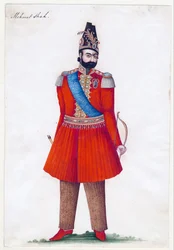 Mohammad Shah Qajar (1808-1848), rei da Pérsia - mestre iraniano - 1835 - Gouache sobre papel - 24,2x16,5 - Coleção Privada