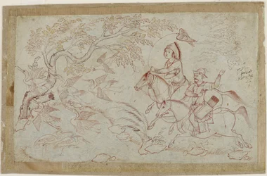 Dois, cavaleiro, caça, com, falcão, 1640s