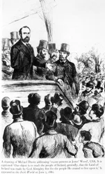 Michael Davitt dirigindo-se a 100.000 pessoas em Jones Wood, EUA, da Irish World, 5 de junho de 1880