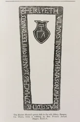 Gravura de uma lápide de um mestre maçon na antiga abadia, Bangor, condado de Down, datada de 1626