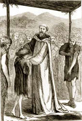 São Columba abençoa um menino selvagem, de The Trias Thaumaturga, ou "Três Santos da Obra-Maravilha da Irlanda", de Mary Cusack (1829-99), publicado em 1890