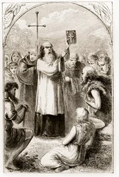 São Patrício mostrando ao povo da Irlanda os quatro evangelhos, de The Trias Thaumaturga, ou três santos trabalhadores da Irlanda, de Mary Cusack (1829-99), publicado em 1890