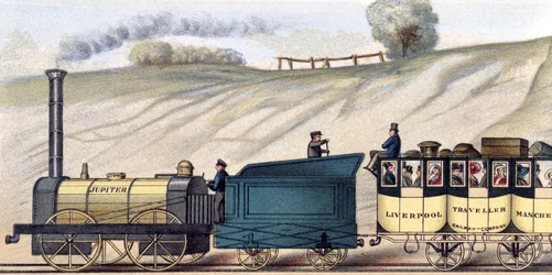 Viajando nos caminhos-de-ferro de Liverpool e Manchester, detalhe da locomotiva "Júpiter", gravada por S.G. Hughes, c.1831 (cor litho)