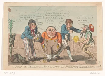 Cartoon representando a capitulação da frota batava na baía do Saldanha, 1796 A Peep into Saldanha Bay ou Dutch Perfidy Rewarded (título no objeto)