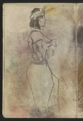 Mulher em pé em roupas orientais, de perfil