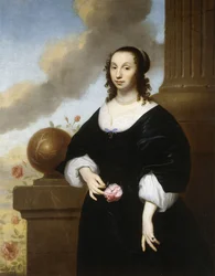 Retrato de uma senhora, de três quartos de comprimento, usando um vestido de cetim preto com guarnição de renda branca,