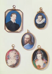 Miniaturas de LtoR, TtoB: Sir Arundel Talbot; Homem Desconhecido; Cabeça de Cristo; Ana da Dinamarca (1574-1619); Lady in Masque Costume