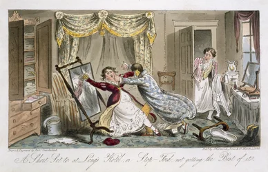 Um pequeno conjunto no Long&39;s Hotel, ou Stop-Ford que não recebeu o melhor, de "The English Spy", de Charles Molloy Westmacott (1788-1868), publicado em Londres, 1825