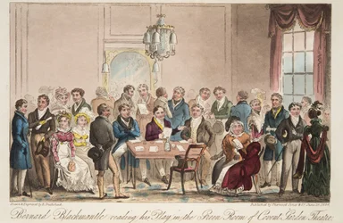 Bernard Blackmantle lendo sua peça na Sala Verde do Covent Garden Theatre, do The English Spy, pub. 1824 (gravura colorida à mão)