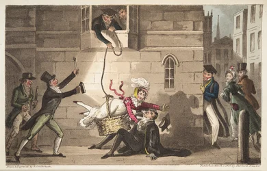 Capping um Proctor, ou Oxford Bull cães detectando Brazen Smugglers, do The English Spy, publicado em Londres, 1824 (gravura colorida à mão))
