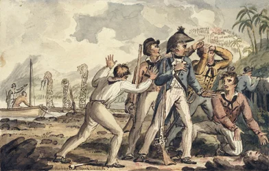 Capitão Burney descobrindo seus companheiros assassinados, ilustração de "The Voyages of Captain Cook"