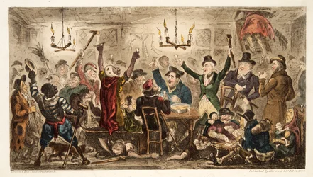 Courtiers Carousing em um Cadgers Ken, do The English Spy, pub. 1824 (gravura colorida à mão)