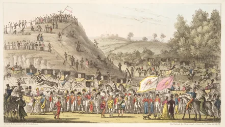 Eton Montem, e o Monte, Salt Hill, do The English Spy, pub. 1824 (gravura colorida à mão)