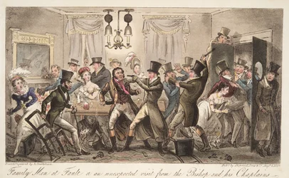 Family Men at Fault, ou uma visita inesperada do Bispo e seus Capelães, de, The English Spy, pub. 1824 (gravura colorida à mão)