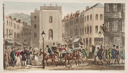 Milsom Street e Bond Street com Retratos de Bath Swells, do The English Spy, publicado em Londres, 1824 (gravura colorida à mão)