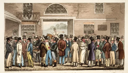 Segunda-feira após o Great St Leger, ou Heroes of the Turf Pagando e Receving no Tattersalls, do The English Spy, pub. 1824 (gravura colorida à mão)