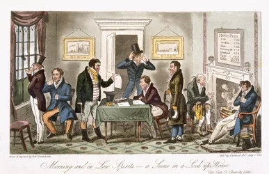 Manhã e em espíritos baixos - uma cena em uma casa de trava, de &39;The English Spy&39;, por Charles Molloy Westmacott (1788-1868) publicou Londres, 1825