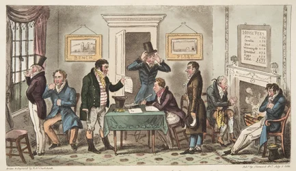 Morning and in Low Spirits, uma cena de Lock Up em uma Spunging House, Carey Street, um pouco de Good Truth, de The English Spy, publicada em Londres, 1824