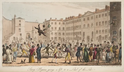 Surrey Collegians dando uma carona para um Limb of the Law, do The English Spy, publicado em Londres, 1824