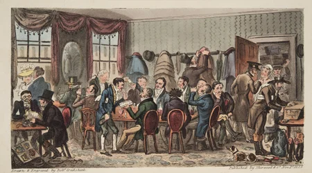 The Bags, Mens Banquet no Bell Inn, Cheltenham, do The English Spy, pub. 1824 (gravura colorida à mão)