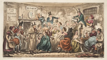 O Buff Club no Pig and Whistle, Avon Street, Bath, do The English Spy, pub. Londres, 1824 (gravura colorida à mão)