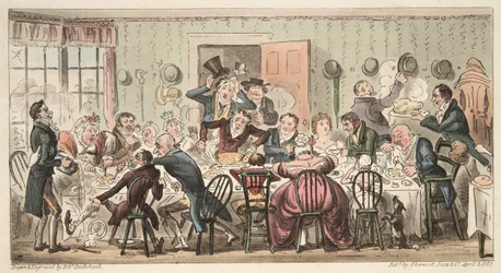 O Cits Sunday Ordinary no Gate House Highgate; ou, todo porco para sua própria Apple, do The English Spy, pub. 1824 (gravura colorida à mão)