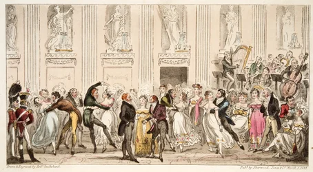 O Cyprians Ball no Argyle Rooms, do The English Spy, pub. 1824 (gravura colorida à mão)