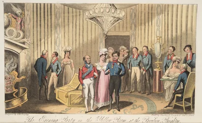 A festa da noite no pavilhão, Brighton, do espião inglês, bar. 1824 (gravura colorida à mão)