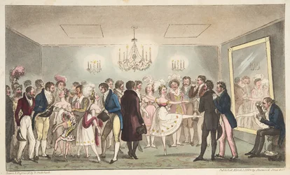 A Sala Verde do Kings Theatre, ou Amadores Nobres vendo Curiosidades Estrangeiras, do The English Spy, pub. 1824 (gravura colorida à mão)