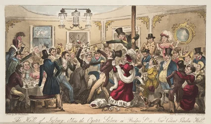 O Hall of Infamy, também conhecido como Oyster Saloon em Brydges-Street, ou New Covent Garden Hell, do The English Spy, pub. 1824 (gravura colorida à mão)