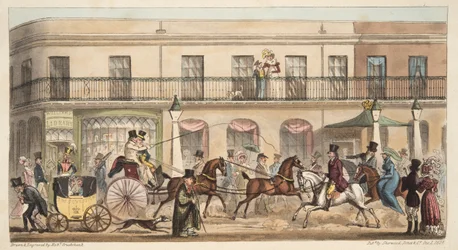 A High Street, Cheltenham, do The English Spy, pub. 1824 (gravura colorida à mão)