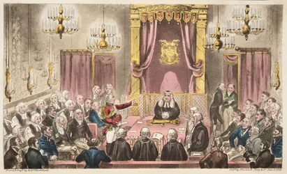 A Casa dos Lordes em Alto Debate, do The English Spy, pub. 1824 (gravura colorida à mão)