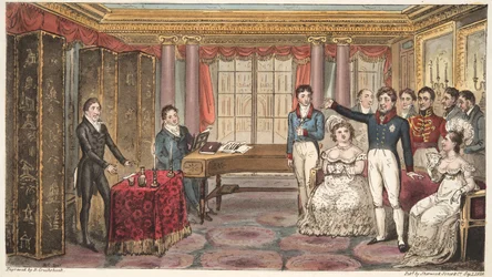 O rei em casa, ou Mathews em Carlton House, de The English Spy, de Charles Westmacott, publicou 1824 (gravura colorida à mão)