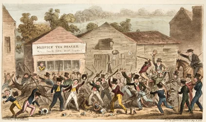 O Tea Pot Row em Harrow, ou a Batalha de Hog Lane, do The English Spy, pub. 1824 (gravura colorida à mão)