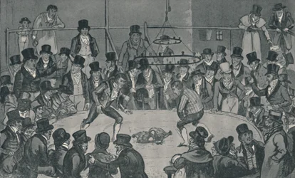 Na arena real de lutas de galos, 1821, 1920. Artistas: Isaac Robert Cruikshank, George Cruikshank.